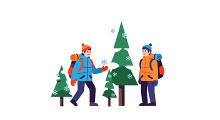Winter Journey: Adventurers Enjoying Forest Scene Amongst Snowflakes and Fir Trees