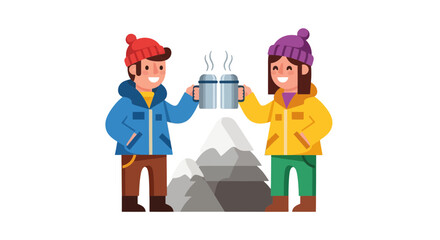 Winter Retreat: Animated People Toasting Hot Beverages Near Snowy Mountains