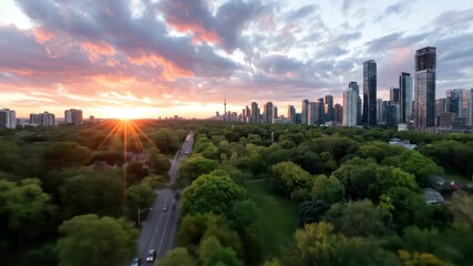 Cityscape at dawn with lush park aerial view of urban green space and modern architecture