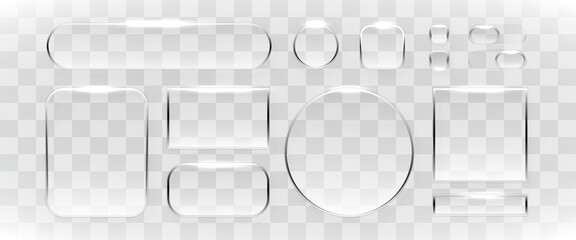 Glossy glass frames and web buttons set with transparent effect. Modern UI design elements.