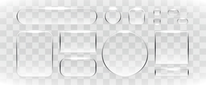 Glossy glass frames and web buttons set with transparent effect. Modern UI design elements.
