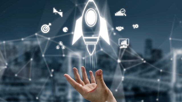 Startup launch and business growth concept, rocket symbolism, entrepreneurship, startup innovation, and early-stage success strategies for new business development and expansion. Muxer