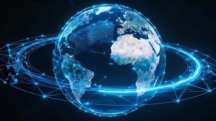 Global earth sphere with glowing digital network connections and orbiting satellites. Modern technology concept for worldwide communication. - Powered by Adobe