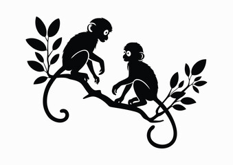 Pair of Saimiri squirrel monkeys sit on tree branch