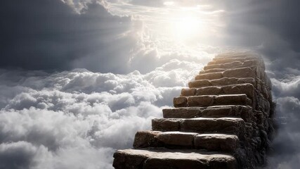 Stone Staircase Ascending Into Bright Heavenly Clouds With Sun Rays Shining Through Dark Stormy Sky - Powered by Adobe