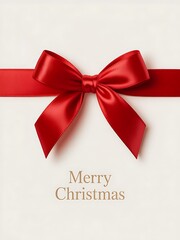 Elegant red satin ribbon bow with "merry christmas" text on a light background, ideal for festive holiday greetings.