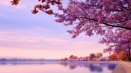 Serene lakeside view with blooming cherry blossoms reflecting on tranquil water during sunset
