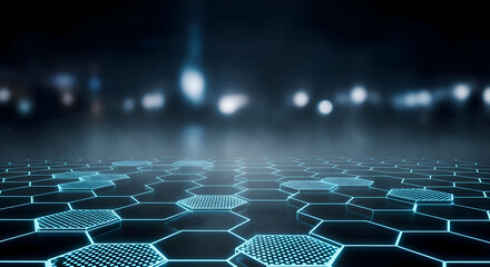 A futuristic, glowing hexagonal grid floor with a blurred city skyline and atmospheric fog in the background, suggesting a digital or technological theme.