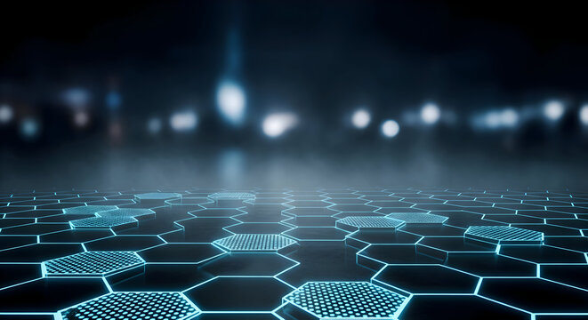 A futuristic, glowing hexagonal grid floor with a blurred city skyline and atmospheric fog in the background, suggesting a digital or technological theme.