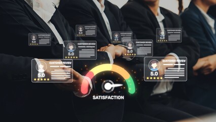 A business team is seen aligned with visual graphics depicting high customer satisfaction ratings,...