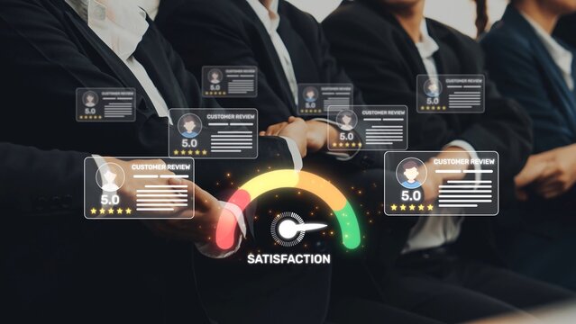A business team is seen aligned with visual graphics depicting high customer satisfaction ratings, showcasing the significance of feedback in performance improvement and teamwork. Raster