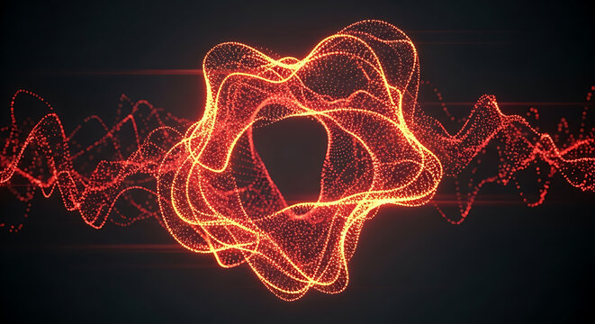 Abstract red glowing particle wave form on dark background with wavy lines and a central ring