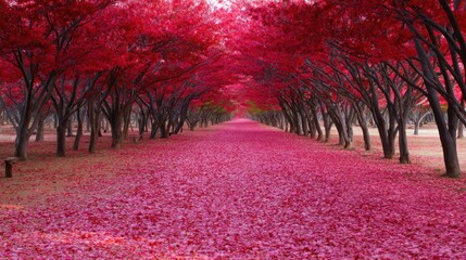 Vibrant pink foliage creates a stunning pathway through a tranquil park, inviting peaceful strolls