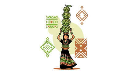 Woman Balancing Fresh Fruit on Her Head Amidst Tribal Inspired Decorations