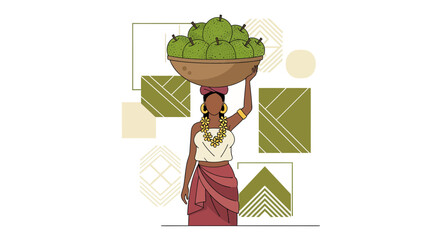 Woman Balancing Fruit Basket, Depicting Cultural Heritage, Vector Illustration, Simple Style