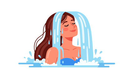 Woman Bathed By Refreshing Waterfalls, Displaying Serenity And Peaceful Rejuvenation