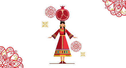 Woman Balancing Pomegranate Amidst Ornate Designs Against a White Canvas