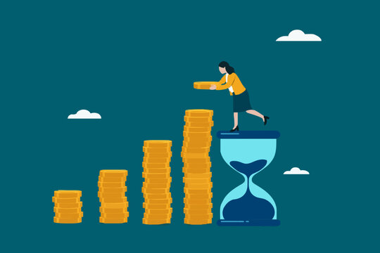 long term investment concept, Growth Earning From Compound Interest In Long Term Investing, businesswoman makes financial growth graph by stacking gold coins on top of hourglass vector illustration
