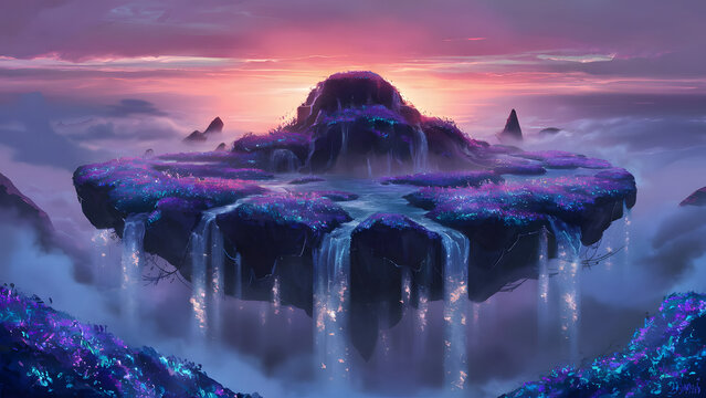 Mystical floating island with waterfalls at sunset ethereal fantasy landscape with vibrant sky