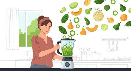 Woman Brewing a Fresh and Nutritious Smoothie with Fruit and Vegetables in the Kitchen