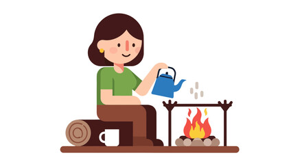 Woman Brewing Tea by Campfire, A Cozy Outdoor Moment of Relaxation and Leisure