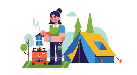 Woman Brewing Coffee at Campsite with Tent and Forest Illustrated Vector Graphics
