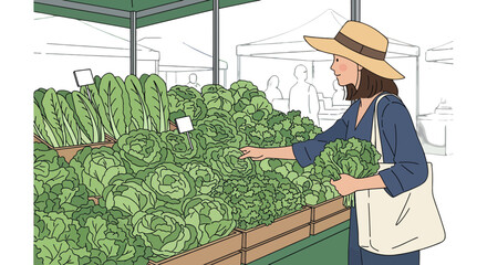 Woman Browsing Fresh Produce Selection At Local Farmers Market On A Sunny Day