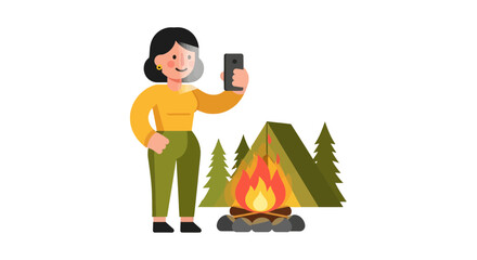 Woman Camping and Taking a Selfie with a Bonfire and Tent Silhouette