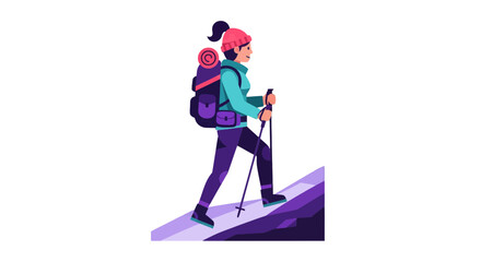 Fototapeta premium Woman Hiker Climbing Mountain Illustrated With Backpack And Walking Poles Exploring Outdoors