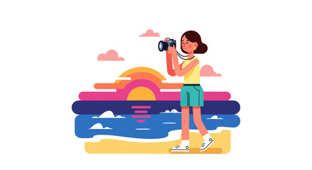 Woman Capturing Sunset View, Beach Photography, Artistic Illustration, Minimal Design