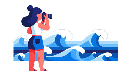 Woman Capturing Waves: A Vibrant Illustration of Coastal Exploration and Photography