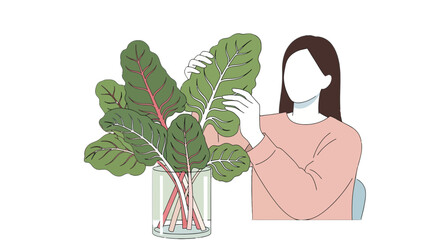Woman Caressing Freshly Cut Chard Leafy Greens in a Vase Against a Black Backdrop