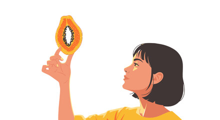Woman Contemplating A Slice Of Fresh Papaya On A Dark, Minimal Background