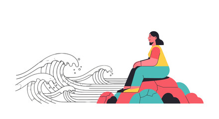 Woman Contemplating The Oceanic Waves, Contemplation, Tranquility, and Calm Reflection