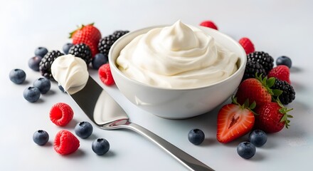 Bowl of fresh whipped cream with mixed berries delicious dessert topping isolated on white background.