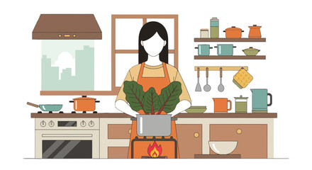 Woman Cooking Fresh Greens in a Modern Kitchen, Healthy Eating Illustration