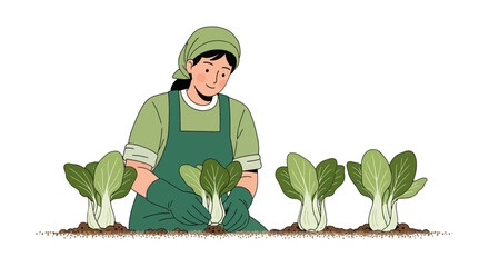 Woman Cultivates Fresh Produce with Care, Showcasing Greenery and Farming Practices