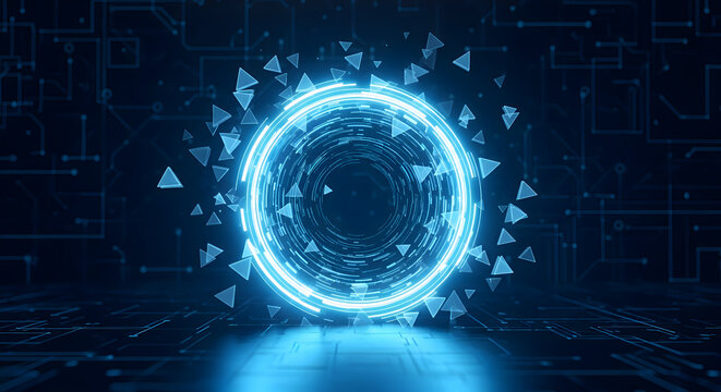 Luminous blue circular portal explodes with geometric shards over a futuristic digital surface.