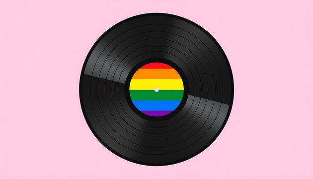Vinyl record with rainbow label for LGBTQ+ pride theme against pink background