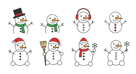 Minimal Christmas Snowman Icons Vector Set – Festive Winter Symbols, Cute Holiday Graphic Elements, and Simple Seasonal Design Illustration