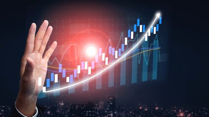 A hand gesture symbolizes growth, showcasing a financial chart with upward trends in a modern city...