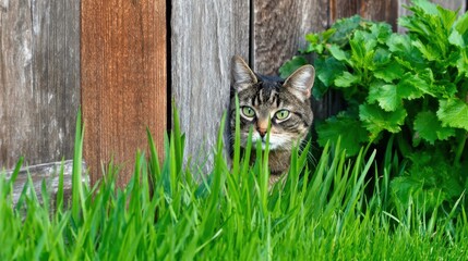A curious cat peeks through tall grass beside a wooden fence, surrounded by vibrant greenery