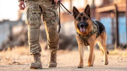 A soldier walks a German Shepherd dog on a dirt path during sunset with buildings in the background
