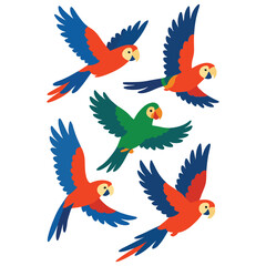 Obraz premium Five colorful parrots in flight—four red-blue-yellow and one green—each in unique airborne poses.