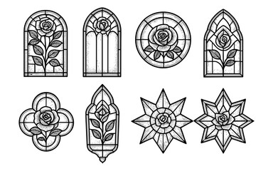 Intricate rose and floral patterns in gothic vintage style stained glass windows