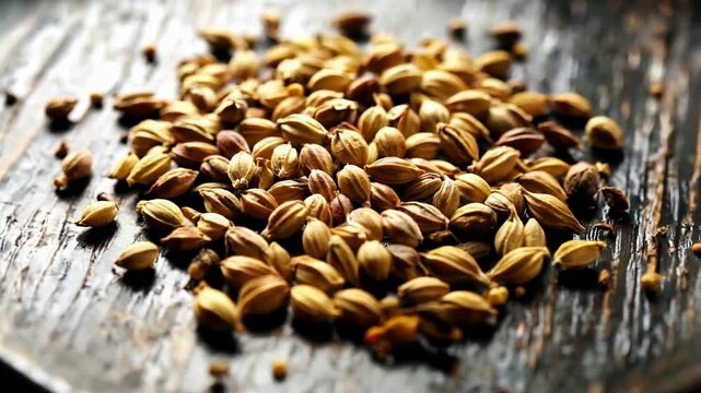 Pile of organic malted barley seeds for brewing beer.