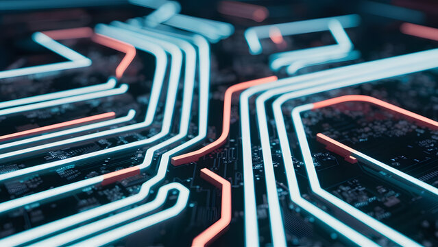 Close up of glowing neon circuit board pathways with futuristic digital technology and data flow