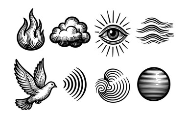 Obraz premium Hand drawn elements: fire, cloud, eye, wave, dove, spiral, sphere