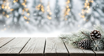 Magical winter scene with frosted pine cones and bokeh lights on rustic wood, perfect for holiday marketing and seasonal designs with elegant, festive charm