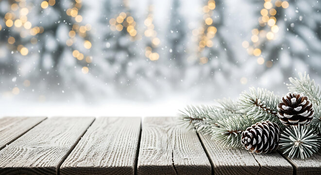 Magical winter scene with frosted pine cones and bokeh lights on rustic wood, perfect for holiday marketing and seasonal designs with elegant, festive charm